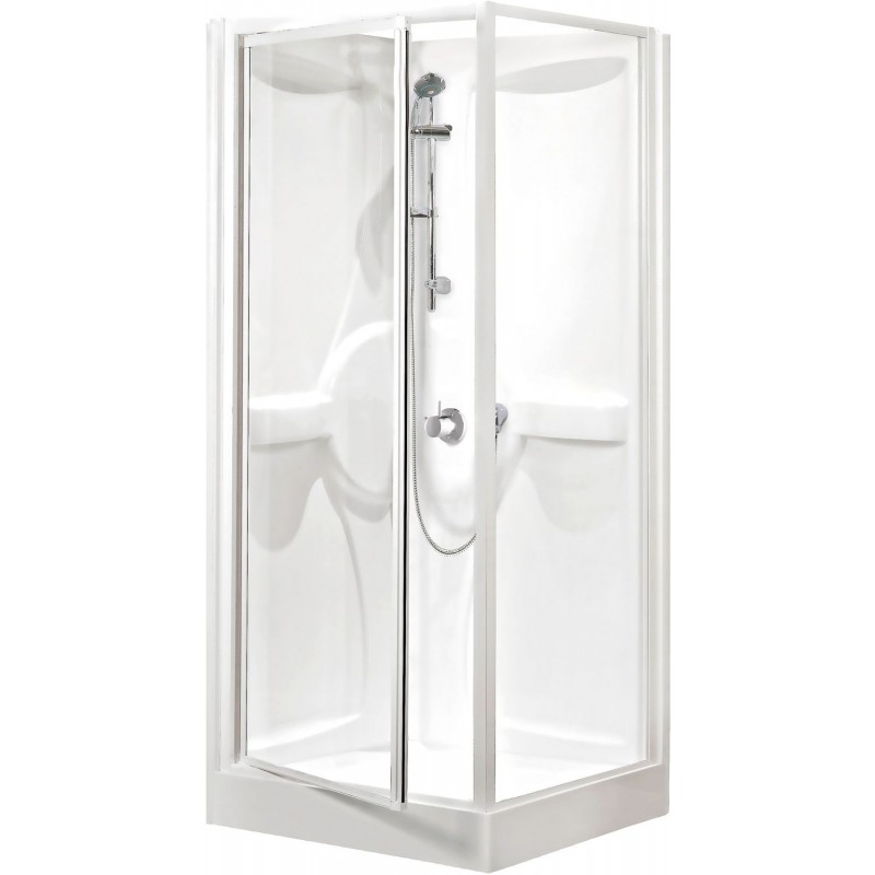 Cabine de douche acrylique 90-90 + thermostat à encastrer alu/blanc clair