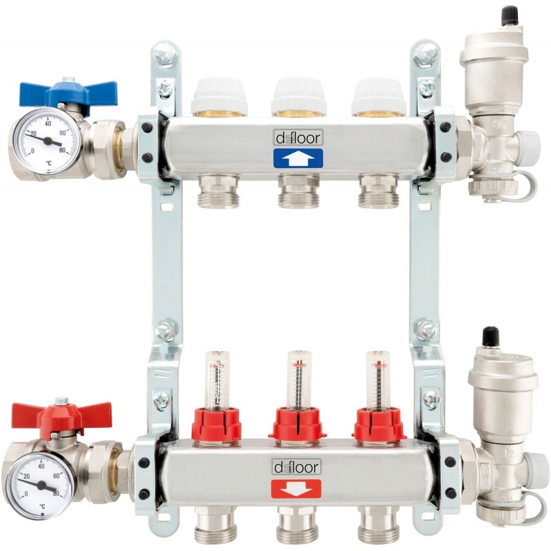 Kit collecteurs inox complet chauffage sol D-floor 3 circuits 3/4" eurocone