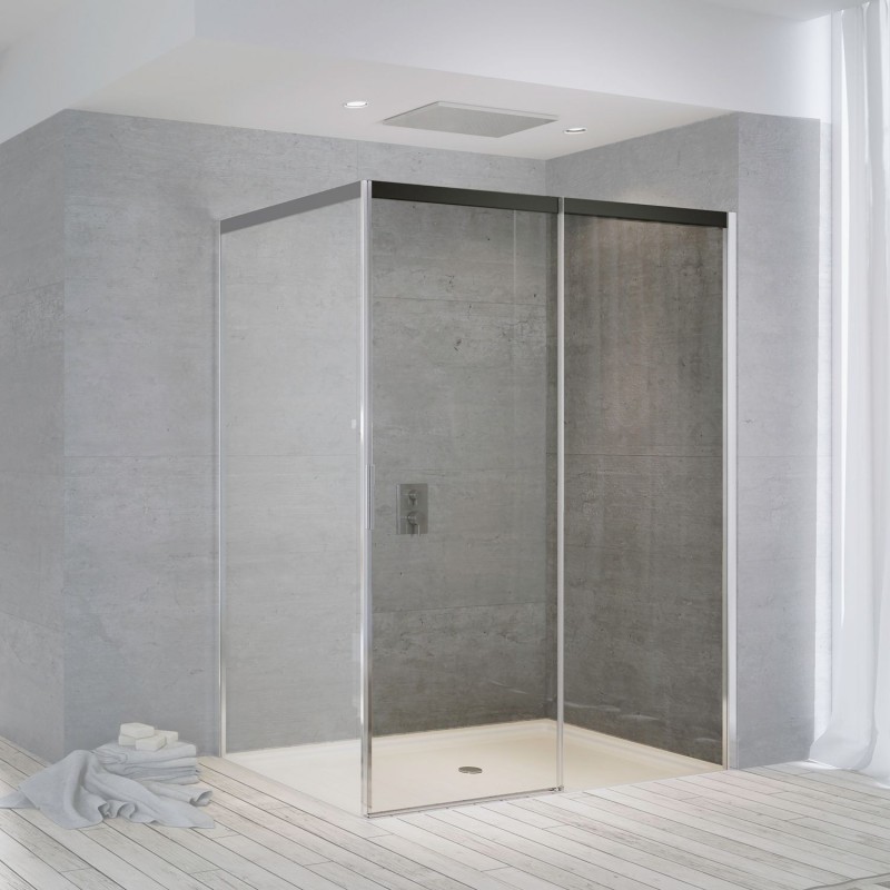 Porte coulissante pour coin suite 1365-1390 H2000 droite nanotec softclose noire-chrome/clair